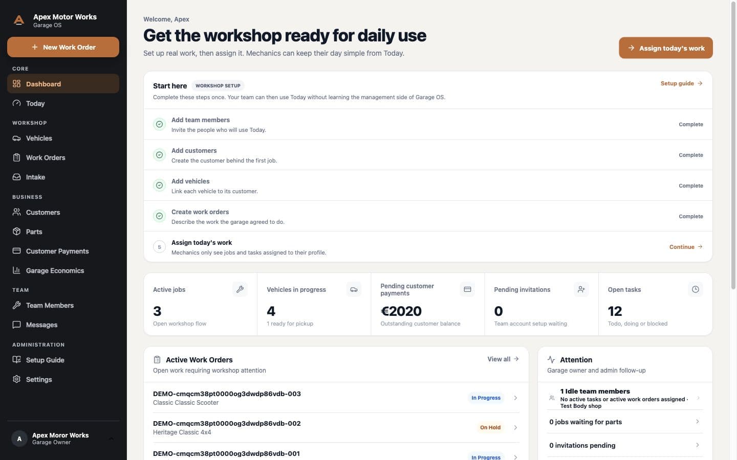 Altera Garage OS owner dashboard showing workshop setup, workload, payments and active jobs